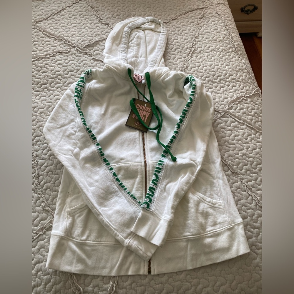 Juicy Couture Kiss Me I’m Juicy White Hoodie with Green Accents